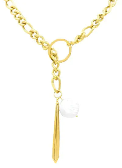 Adornia Water Resistant 14K Yellow Gold Plated Stainless Steel Imitation Pearl Figaro Chain Necklace